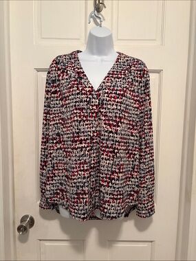 Cato Long-Sleeve V-Neck Blouse in Red, Black & Cream